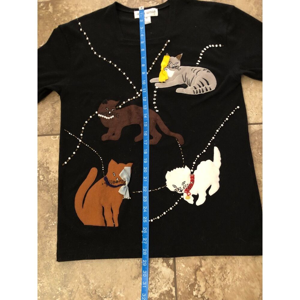 Vtg90s Victoria Harbour Cat Shirt Black Embroidered Beaded Applique Cottage Sz M - Picture 7 of 12